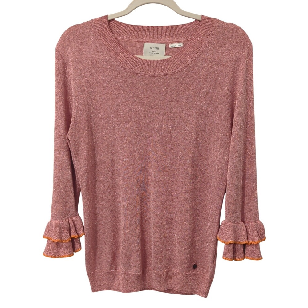 Numph Sweater Pink Shimmery Ruffle‎ Sleeve Knit Top size Large